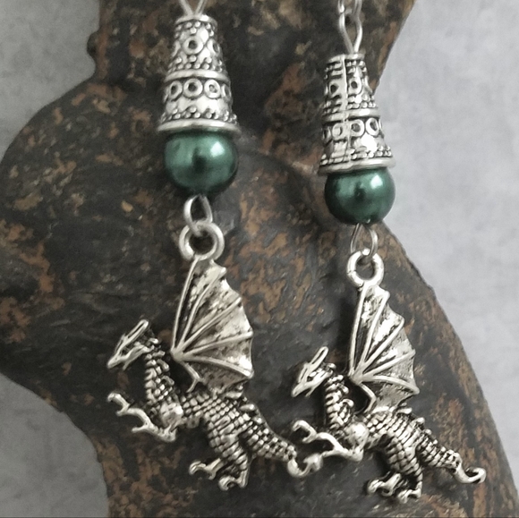 Handcreated Dragon Earrings on Stainless Steel Ear Wires with Green Accents - Picture 9 of 11